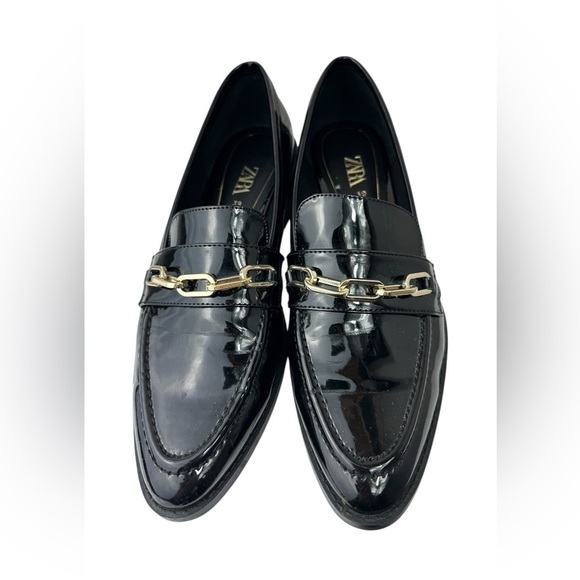 Zara Black Loafers Pointed Toe Faux Patten Leather Gold Hardware Women’s size 39 - Picture 3 of 14